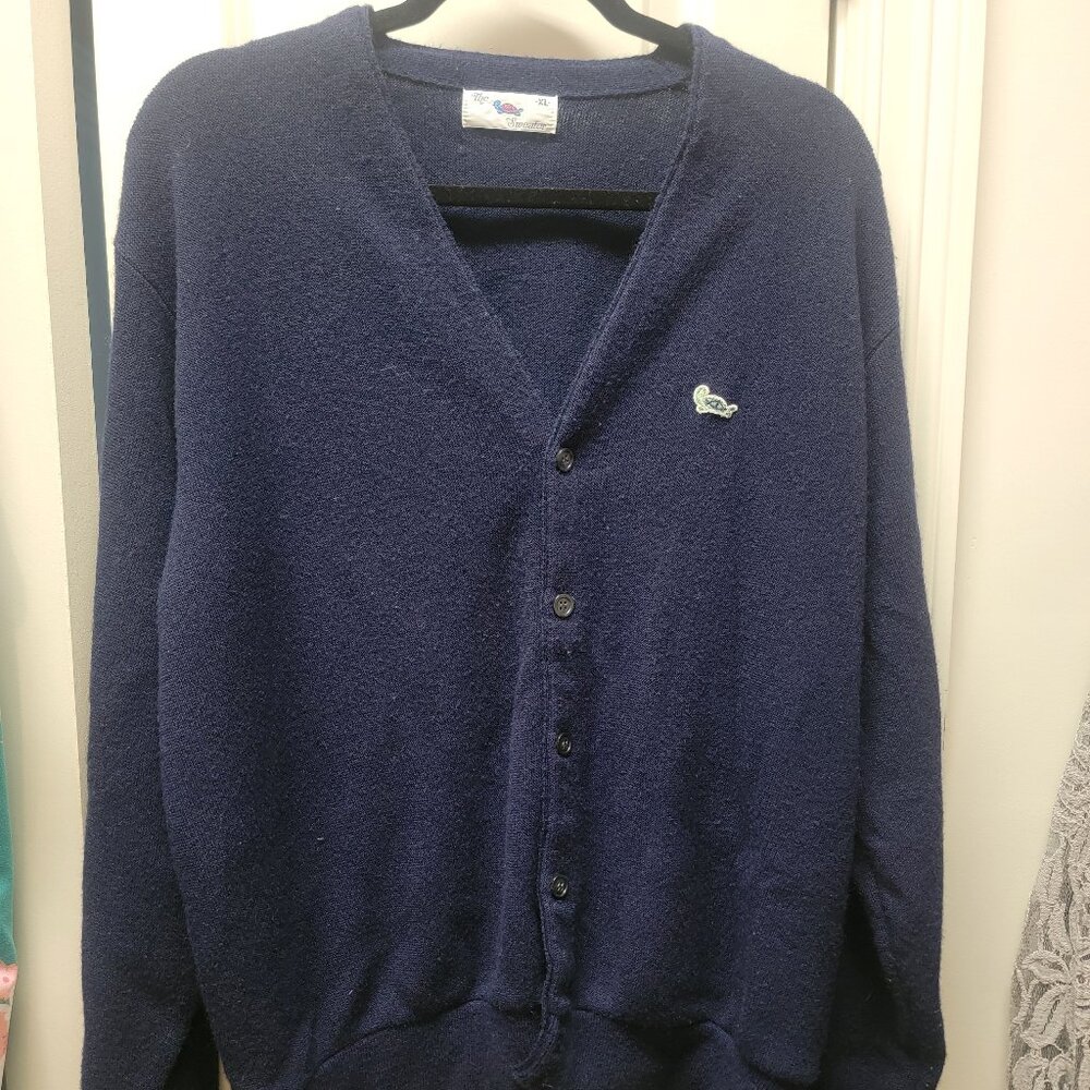 VINTAGE Made In USA 80s The Turtle Sky Navy Blue Sweater Button Up Cardigan XL